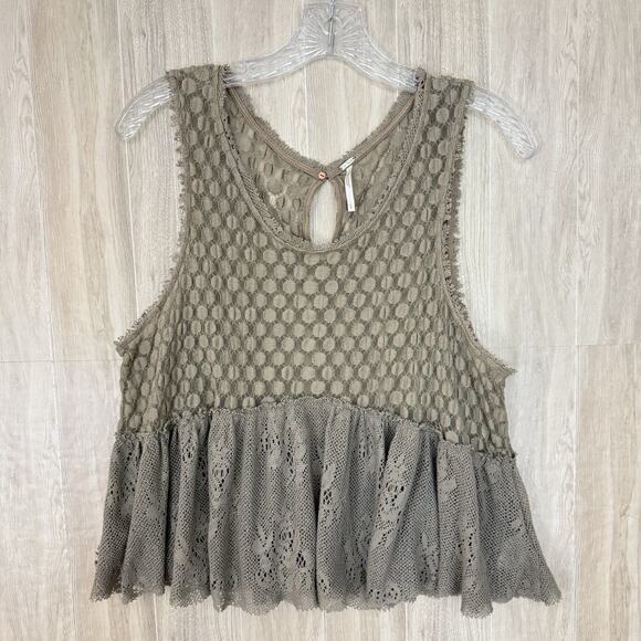 Free People Blouse Size Medium Varsity Lace Peplum Top Boho Chic Romantic Brown - Picture 4 of 14